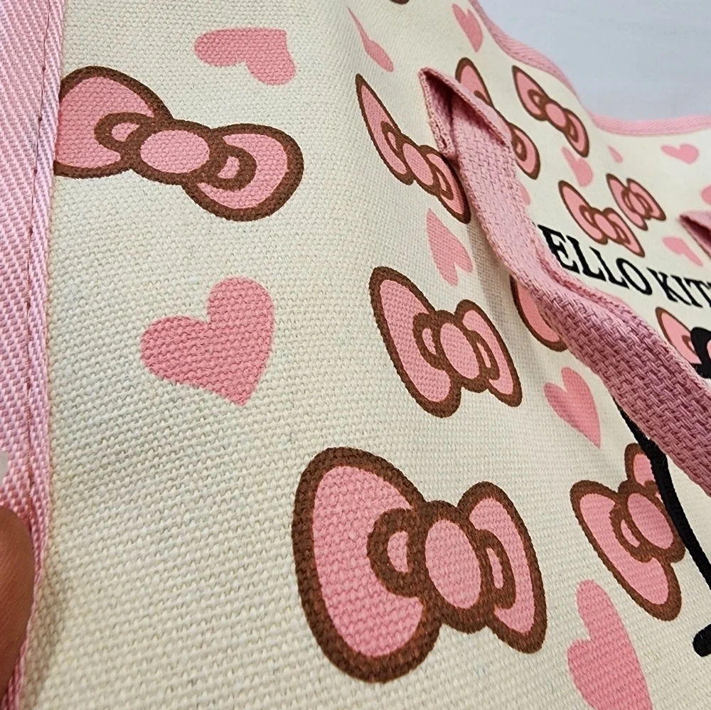Hello Kitty Canvas Tote Bag Pink Cream Bow Print NWT